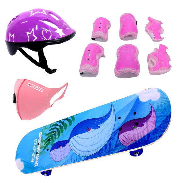 Skateboard 70cm with Protective Gear kit - Helmet and Mask - Purple Whale