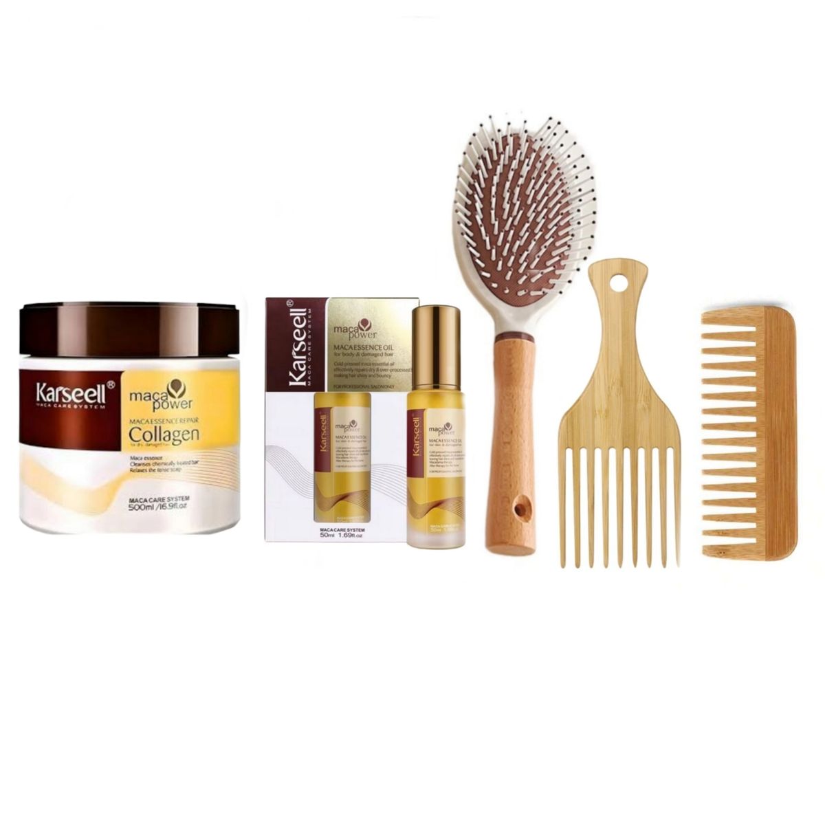 Karseell Maca Collagen Repair Mask Hair Oil with Brush & 2 Bamboo Combs