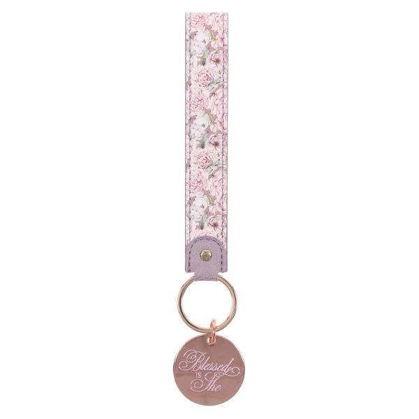 Faux Leather Key Ring - Blessed Is She, Vintage Peonies