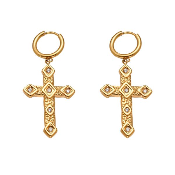 Textured Cross Earrings - Micro-Pavé Zirconia Titanium Steel