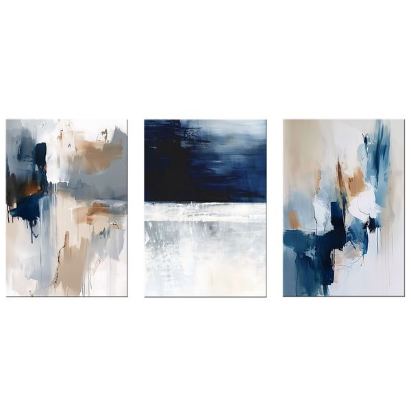 Canvas-Art-3 Pieces Blue &amp; Creamy Colour Living Abstract Wall Art
