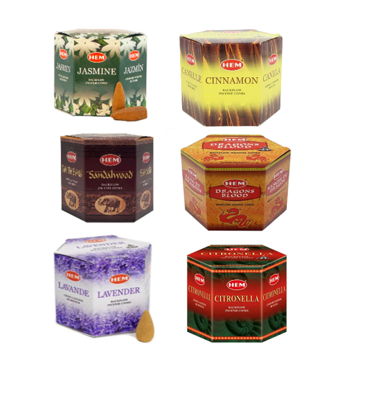 Mixed Pack of 6 Boxes HEM Ackflow Incense Cones (6 Boxes/40 Cones - Pack 5)