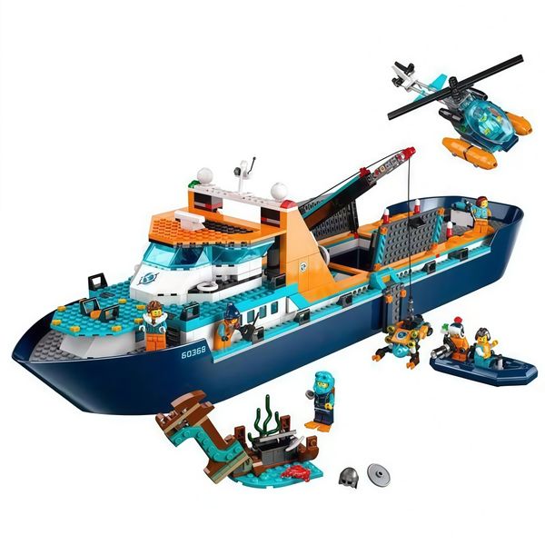 Arctic Ocean Exploration Ship Building Set with Submarine, Helicopter Crew