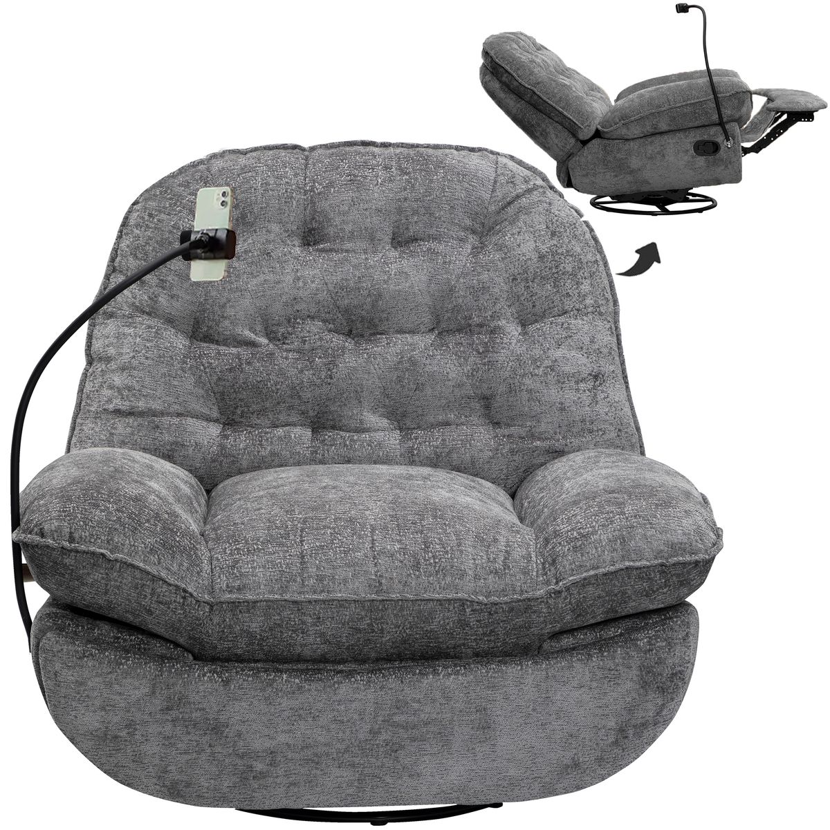 Recliner Chair Sofa Bed 360 Swivel Rocker Glider Couch with Phone