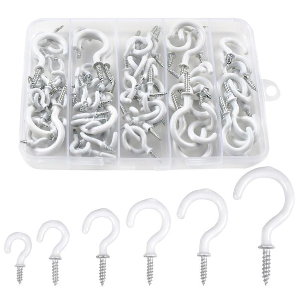 90Pcs Ceiling Hooks kit 6 Sizes Vinyl Coated Screw-in Hooks for Hanging