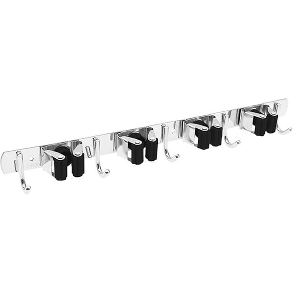 Broom Holder Wall Mount Mop Broom Hanger with 4 Slot and 5 Hook, 43x2.9x4CM