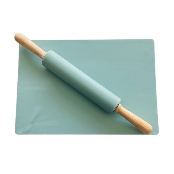 Silicone Baking Mat and Silicone Rolling Pin with Wood Handles