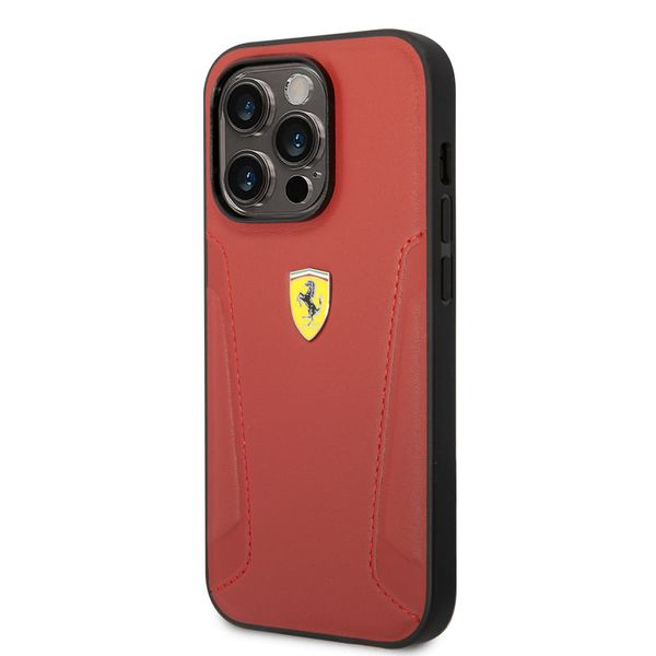 Ferrari - Genuine Leather Case with Stamped Sides iPhone 14 Pro Max -Red