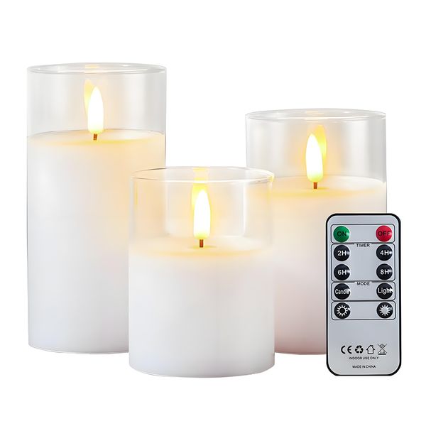 3 Pieces Glass Battery Operated LED Flameless Candles with Remote and Timer