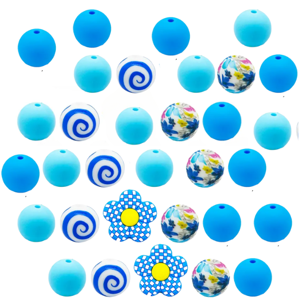 32pcs Mixed Silicone Beads - Sky Blue Floral, Striped &amp; Checkered Pattern
