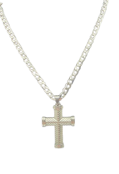 Stainless Steel Plain Ridged Cross With Heavy Curb Link Chain