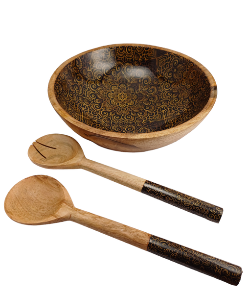 Wooden Decorative Bowl with Salad Server Set