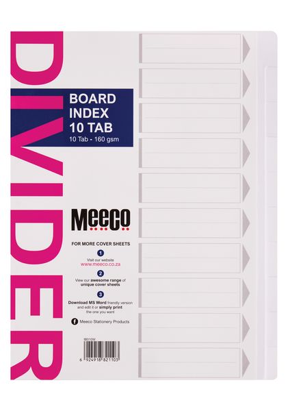 5 Meeco Indexes Board White 10 Tab