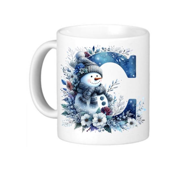 Christmas Monogram C Coffee Mug - Cute Snowman &amp; Watercolor Floral Design