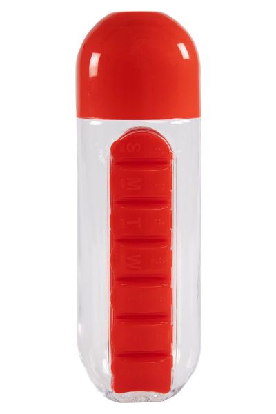 Water Bottle with Pill Organizer – Red