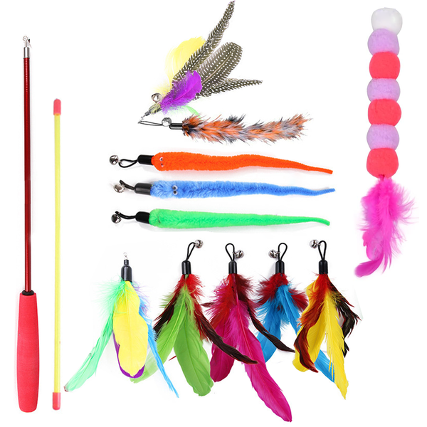 12 Piece Interactive Cat Toy Set with 2 Wands &amp; 10 Feather Refills Bell Teaser Toys