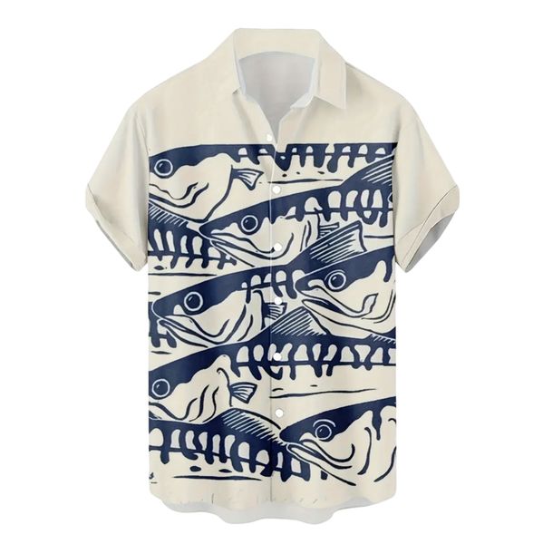Men's Vintage Ink Fish Print Shirt - Casual Short Sleeve Button-Up (Size M)
