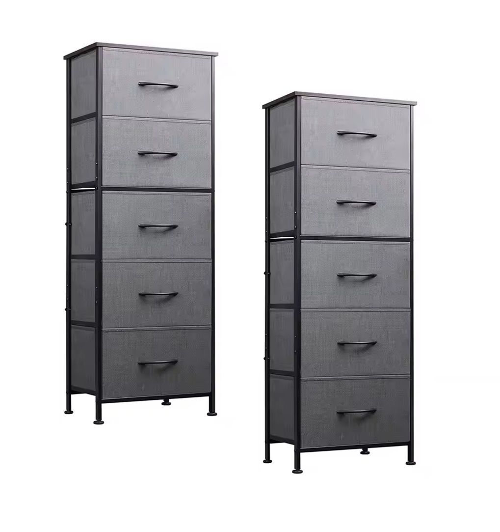 5 Drawer Fabric Cabinet Dresser for Bedroom Storage & Organiser - Grey - Set of 2