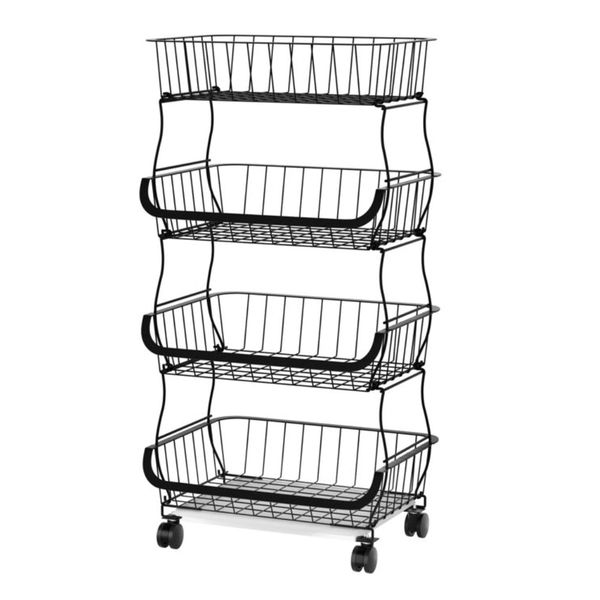 4 Tier Stackable Iron Storage Basket with Wheels &amp; Anti Slip Feet - Black