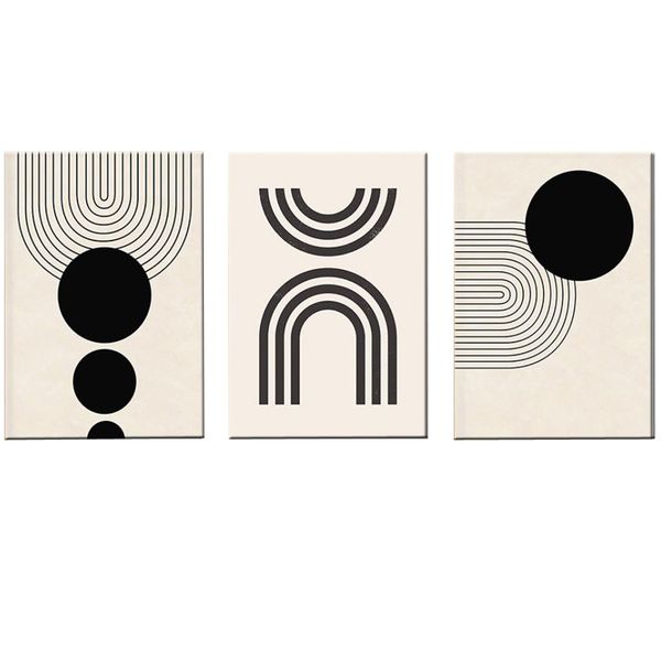 Canvas-Art-3 Pieces Black &amp; White Mid Century Rainbow Sun Boho Wall Art