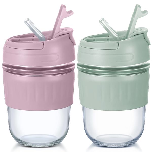 2 PK Double Drink Cup Glass Household Office Water glass with Straw Cup
