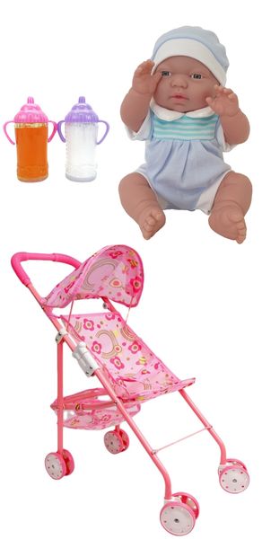 Reborn Baby Doll, Stroller and 2 Bottles Set