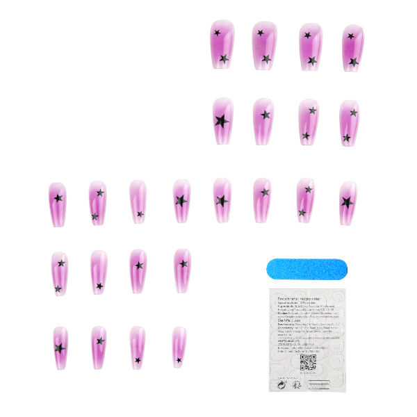 24-Piece Black Star-Accent Gradient Press-On Nail Set - Purple