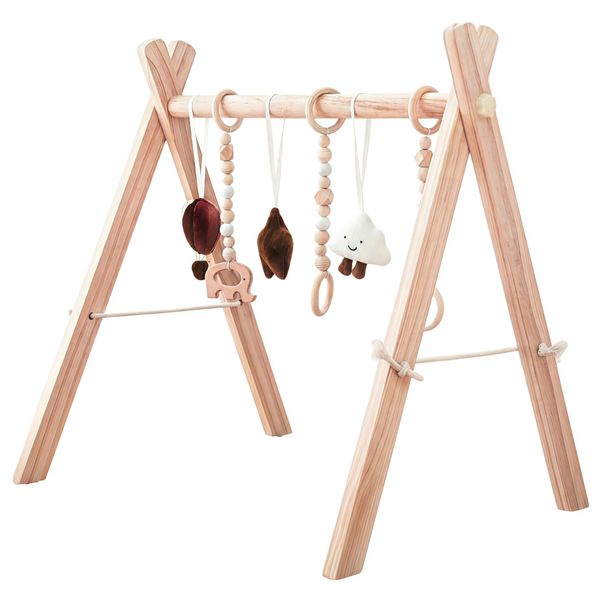 Wooden Baby Gym - Nordic Style Infant Activity Gym Frame with 6 Toy Hanging