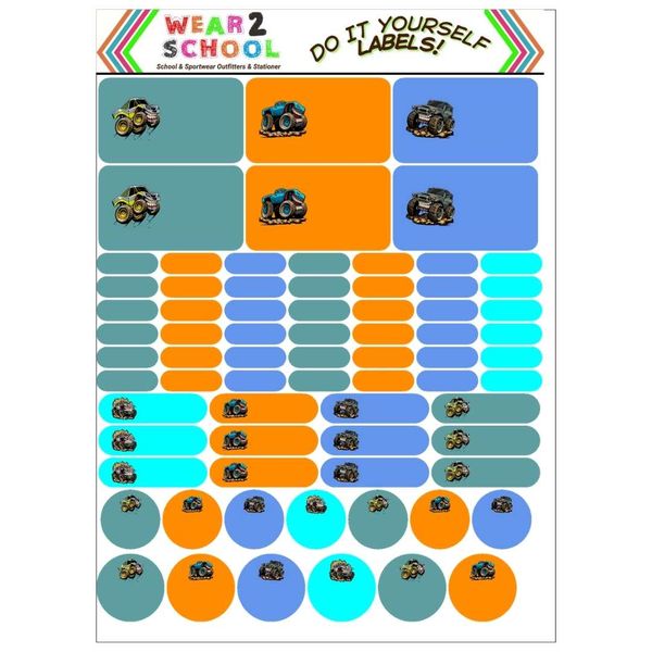 MonsterTruck Waterproof school marking labels with Wrap Arounds for Pencils