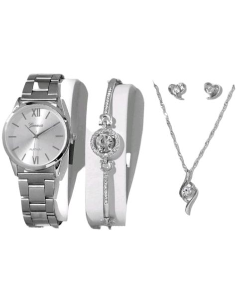 1 Piece Rhinestone Decor Round Pointer Quartz Watch &amp; 4 Pieces Jewelry Set