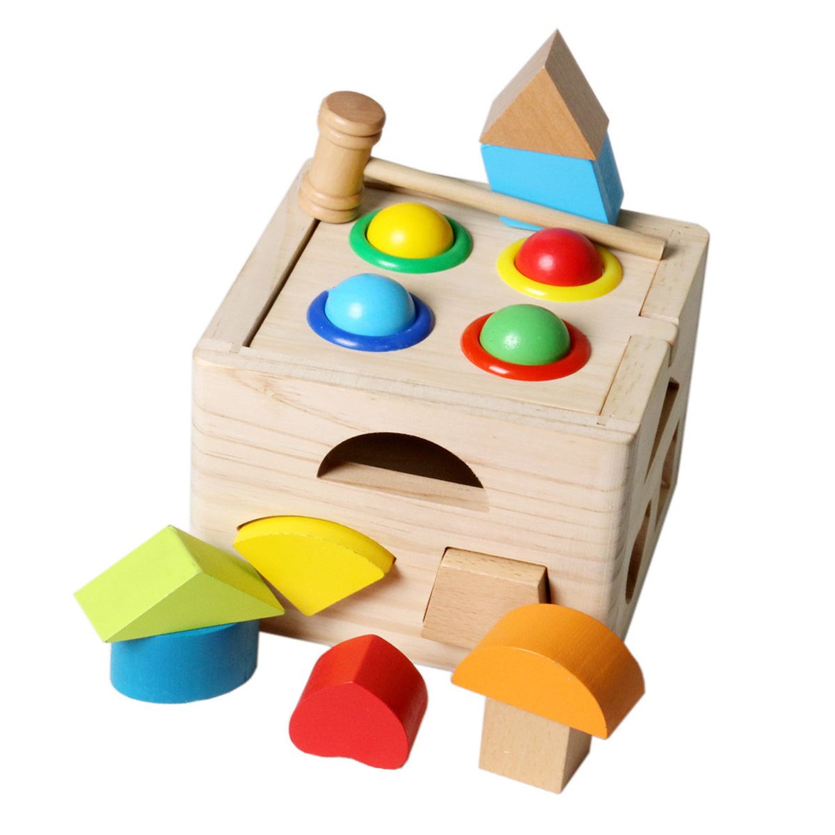 Toddlers Geometric Shape Sorting & Hammering Cube Wooden Toy Set | Shop ...