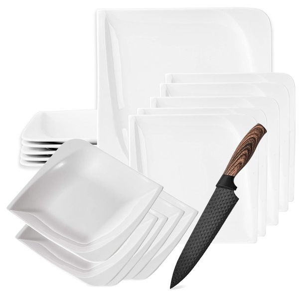 19 Piece - Superior Quality Porcelain White Dinnerware Set with Carving Knife