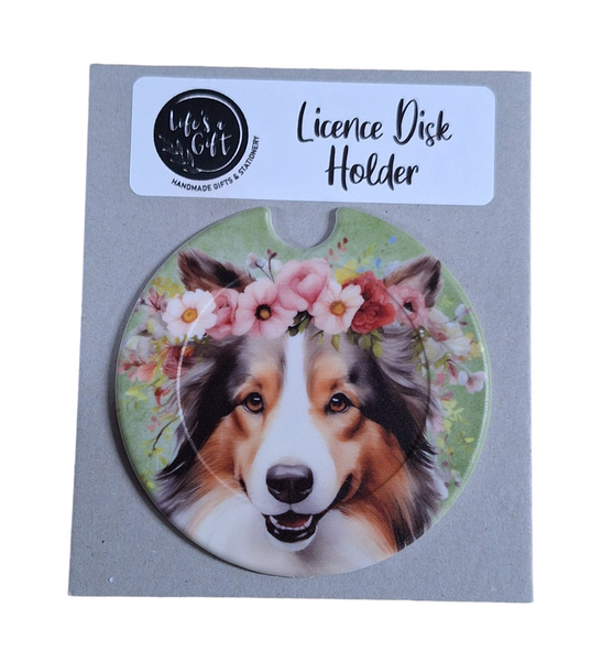 Dog &amp; Flowers Licence Disk Holder - White-Stripe Collie