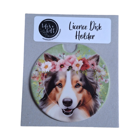 Dog & Flowers Licence Disk Holder - White-Stripe Collie Image