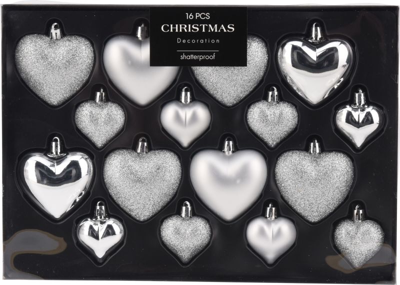 Heart-Shaped Silver Xmas Balls, Set of 16 - Shiny, Matte &amp; Glitter