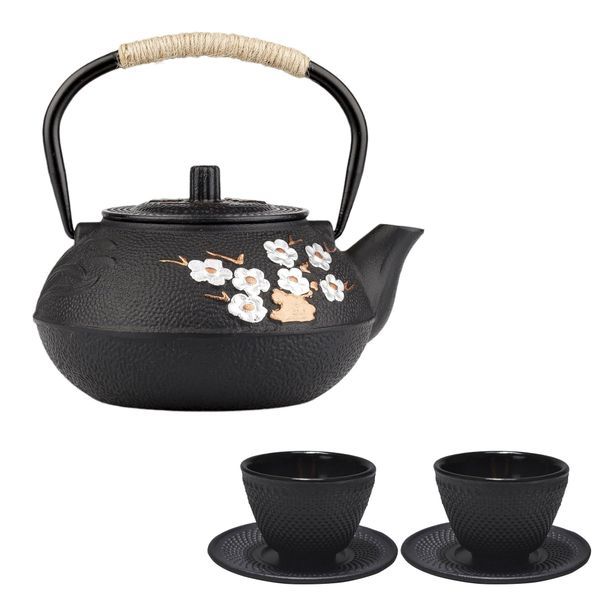 600ml Plum Bamboo Cast Iron Teapot Set with 2 Cups and Coasters