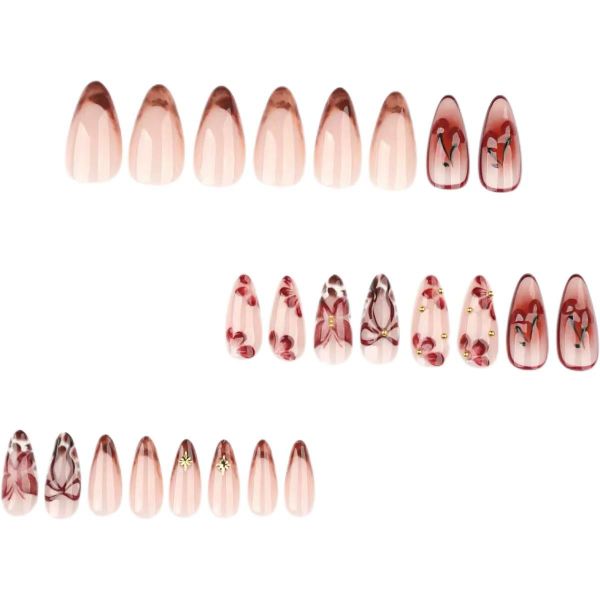 Medium Almond Press On Nails Red Cherry French False Nails With 3D Designs