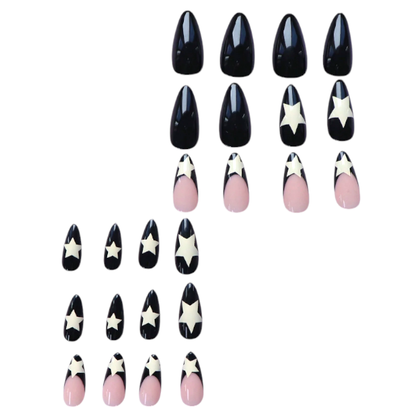 24Piece Almond Press-On Nails Kit With Bold Star Design - Black/White