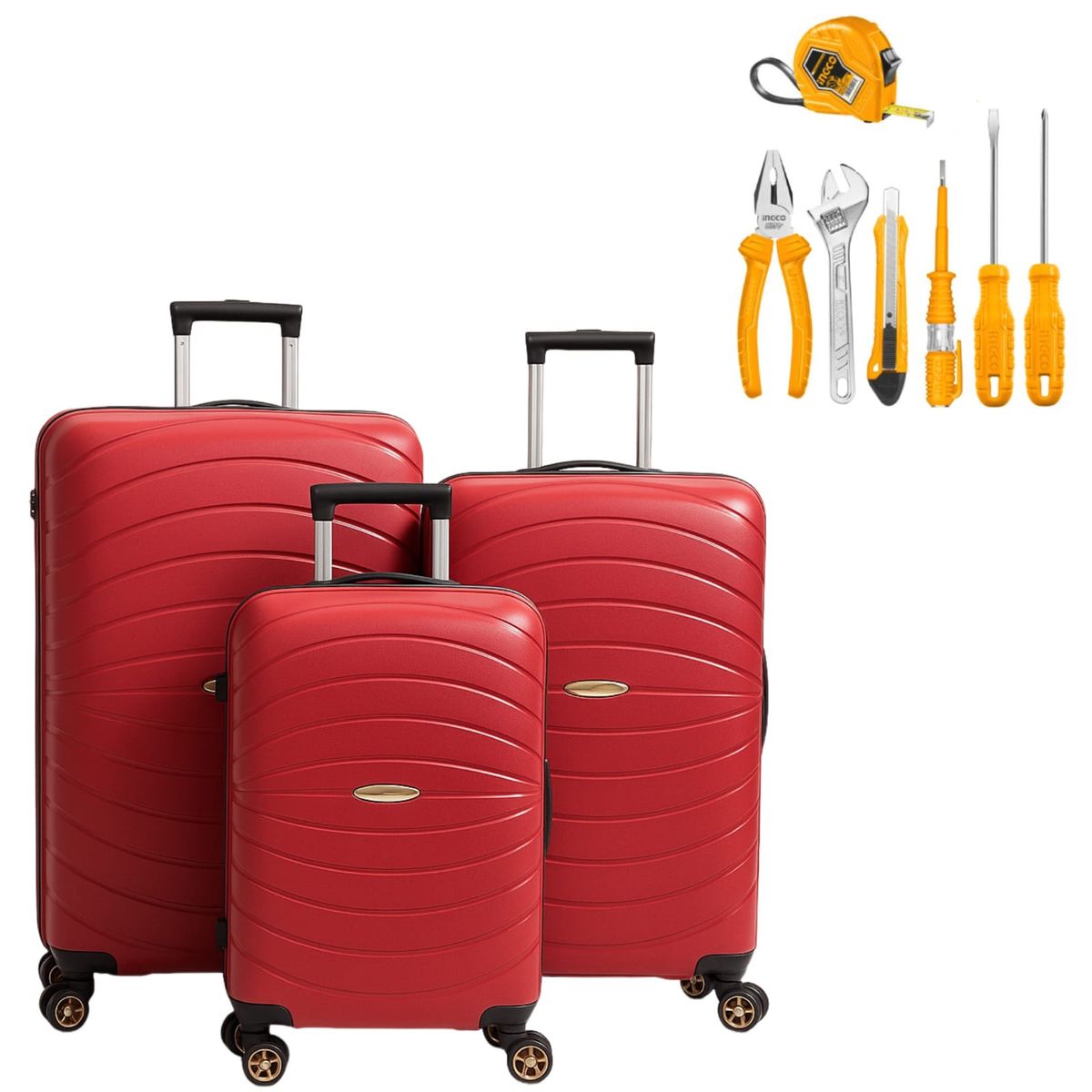Suitcase, Luggage 3 Piece Set Red with Complimentary 7 Piece Tool Set