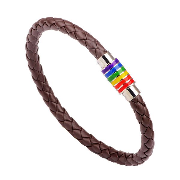 POU Pride LGBTQ Brown Leather Braided Bracelet - Striped Rainbow Magnet