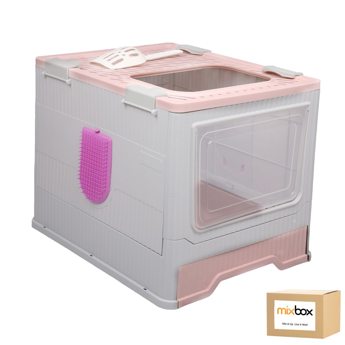 Mix Box Foldable Cat Litter Box with Lid-Pink White