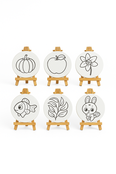 Kids Round Canvas Painting Set with Wooden Easels (6-Piece Set-10 x 10cm)