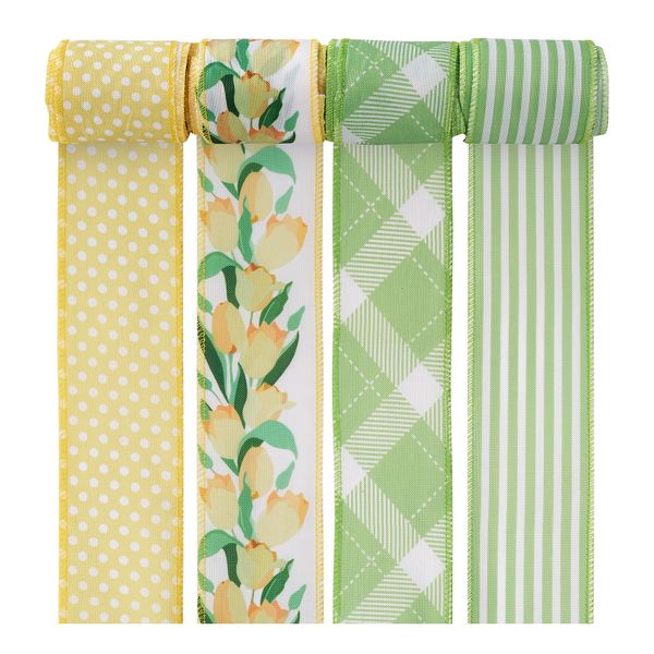 4 Rolls 24 Yards Floral Wired Edge Ribbon for Wrapping