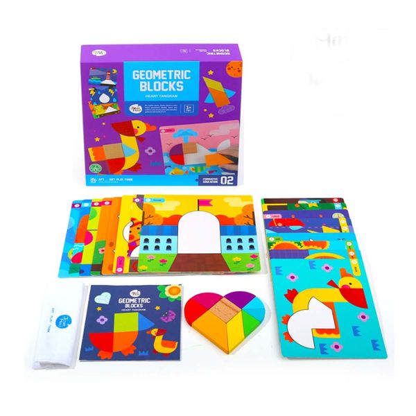 Jar Meló Wooden Geometric Blocks &amp; Heart Tangram Set with Activity Cards