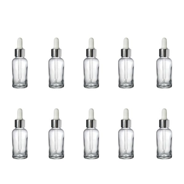 10 Pack 30ml Clear Glass Bottles with Silver Droppers - Premium Quality