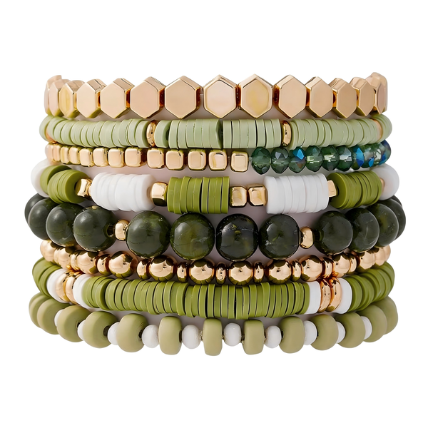 8-Piece Green &amp; Gold Beaded Bracelet Stack Set for Women
