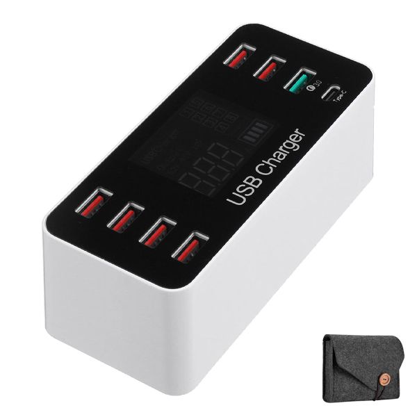 White 8 Ports USB Smart Charger with LCD Screen &amp; Pouch