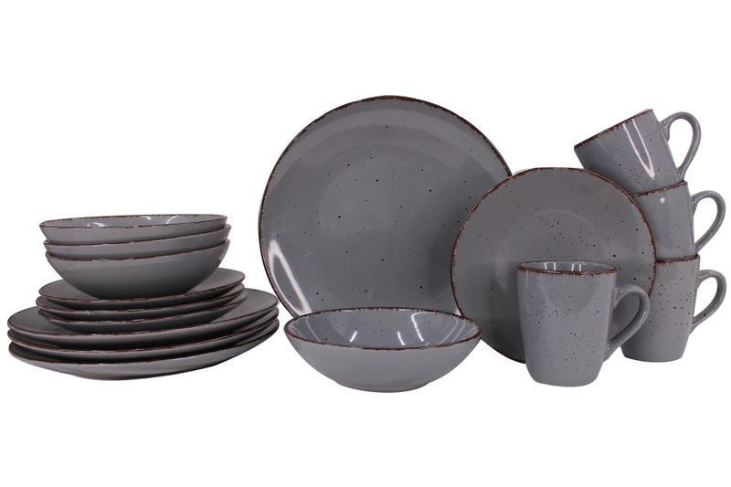 16 Piece Rustic Speckled Stoneware Dinner Set with Textured Trim
