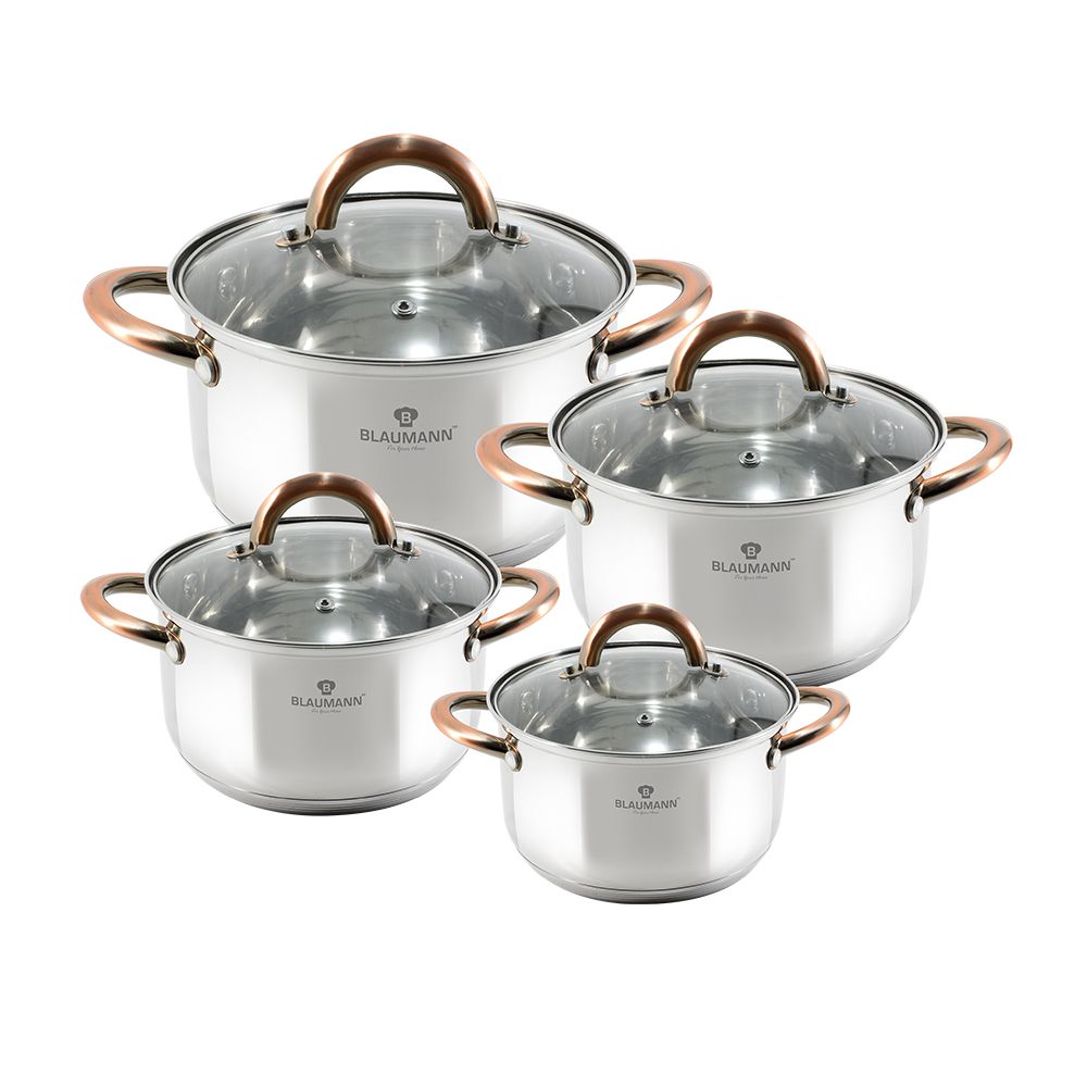 Blaumann 8 Piece Stainless Steel Cookware Set with Glass Lids Gourmet