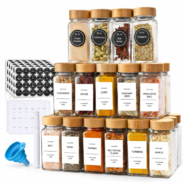 36 Piece Spice Jar Containers Bamboo Lids Labels Funnel Pen Tidy Drawers